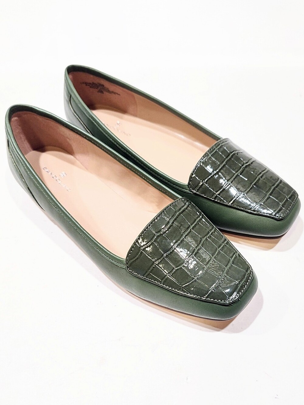 Bandolino Liberty Loafers Womens 7.5M Olive Green Leather Croc Square Toe Flats